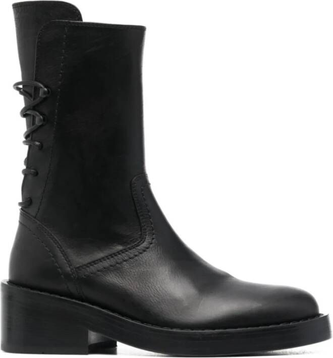 Ann Demeulemeester Zwarte Leren Veterschoenen met Lage Blokhak