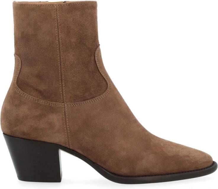 Anna F. Taupe Suède Enkellaars met Houten Hak