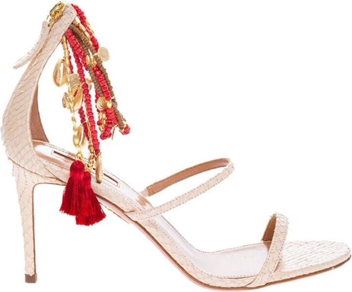 Aquazzura Python Print en Parel Sandalen Beige Dames