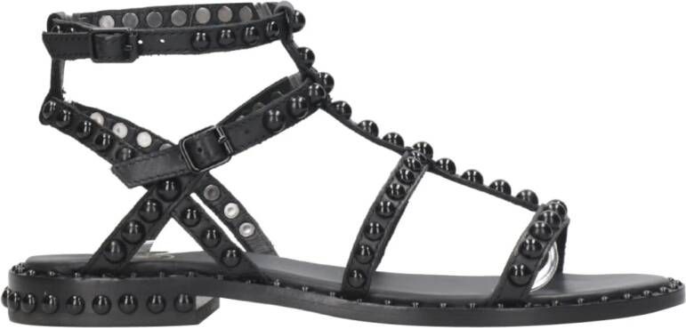 Ash Zwarte Studded Leren Platte Sandalen Zwart Dames