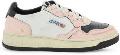Autry Vintage Lage Leren Sneakers in Wit Zwart Roze Multicolor Dames