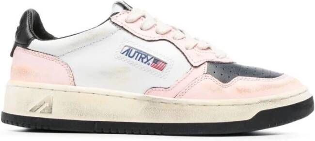 Autry Vintage Lage Leren Sneakers in Wit Zwart Roze Multicolor Dames