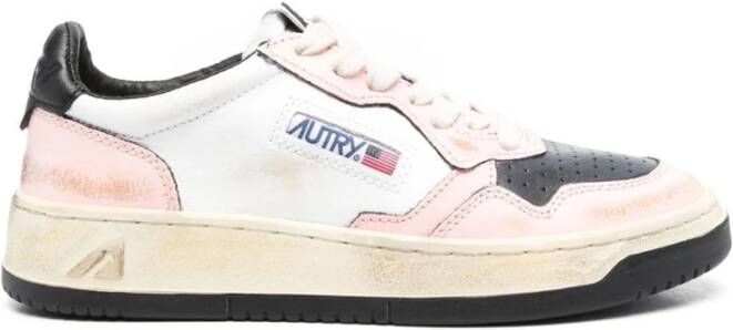 Autry Vintage Lage Leren Sneakers in Wit Zwart Roze Multicolor Dames