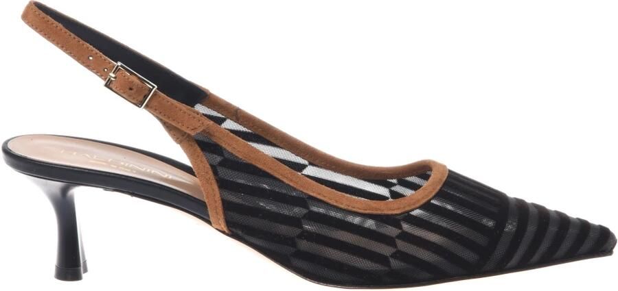 Baldinini Zwarte mesh en bruin suède slingback