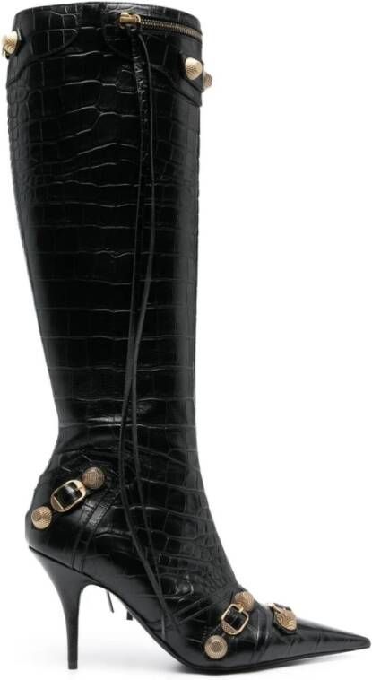 Balenciaga Zwarte Krokodil Effect Puntige Laarzen Black Dames