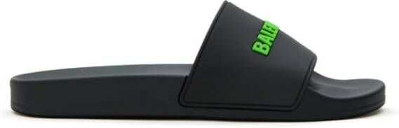 Balenciaga Zwarte Rubberen Slippers met Groen Logo