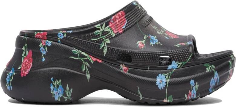 Balenciaga Zwarte Sandalen met Bloe print
