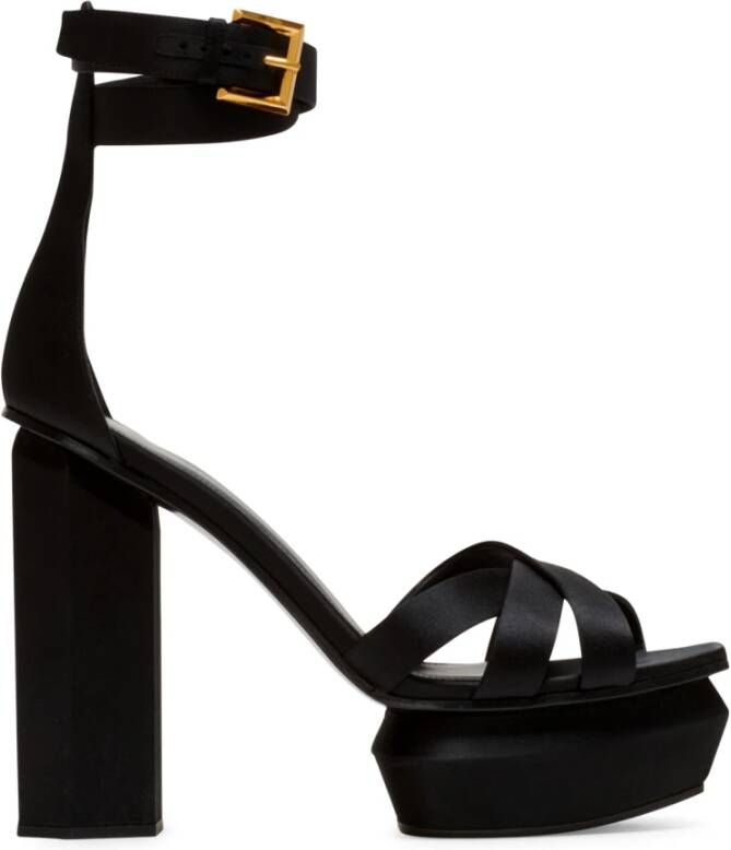 Balmain Zwarte Satijnen Sandalen met Gouden Gesp Black Dames