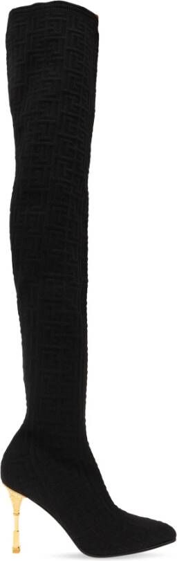 Balmain Moneta monogrammed knit thigh-high boots Black Dames