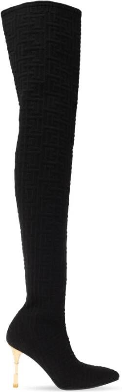 Balmain Moneta monogrammed knit thigh-high boots Black Dames