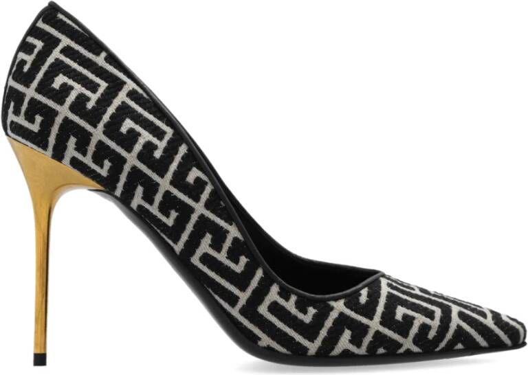 Balmain Elegante Ivory Jacquard Pumps met Gouden Stiletto Hak Black Dames