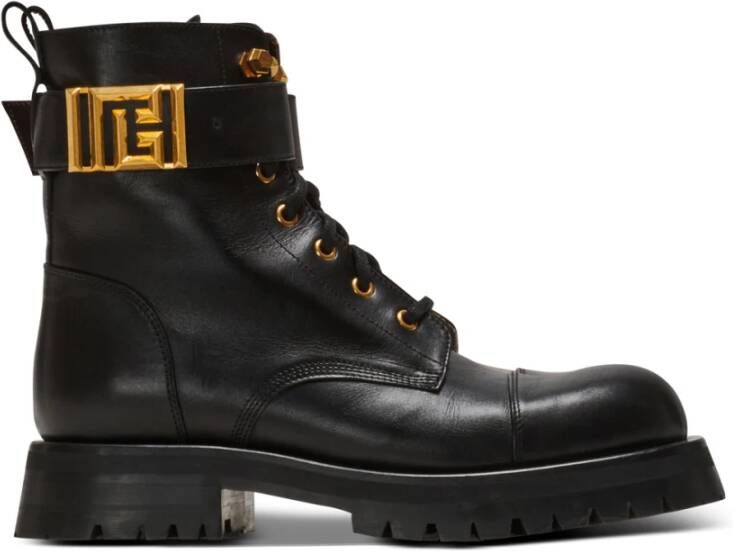 Balmain Zwarte Combat Enkellaarzen met Gouden PB Logo Black Dames