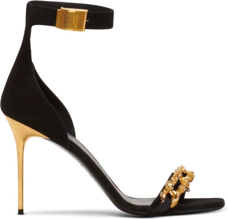 Balmain Gouden Ketting Suède Sandalen Black Dames