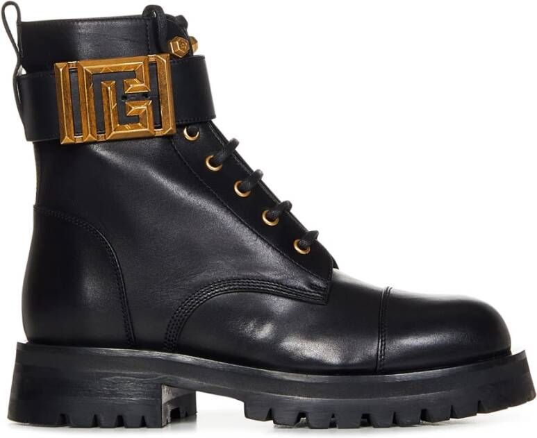 Balmain Zwarte Combat Enkellaarzen met Gouden PB Logo Black Dames