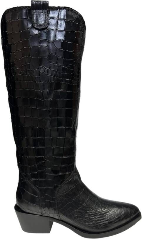Bervicato Krokodil-Effect Leren Texaanse Laarzen Black Dames