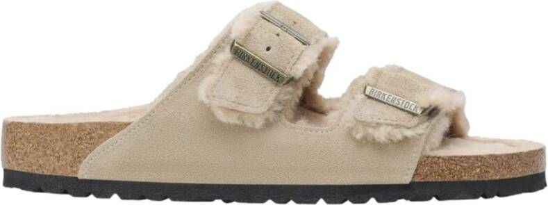 Birkenstock Arizona Shearling Suède Leren Slippers Beige Dames