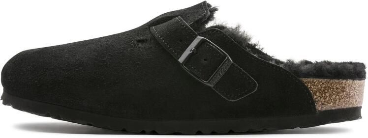 Birkenstock Boston Black narrow Shearling Veloursleder Suede Pantoffels Zwart