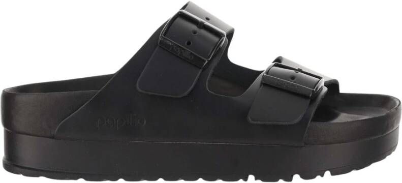 Birkenstock Zwarte Leren Sliders Ronde Neus Sandalen Black Dames