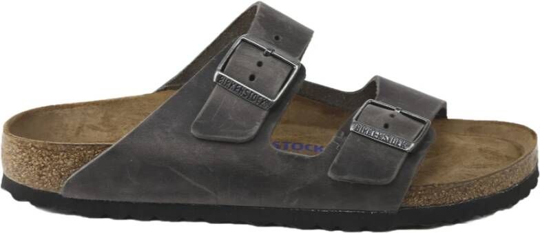 Birkenstock Leren Buckle Sliders Grijs Heren