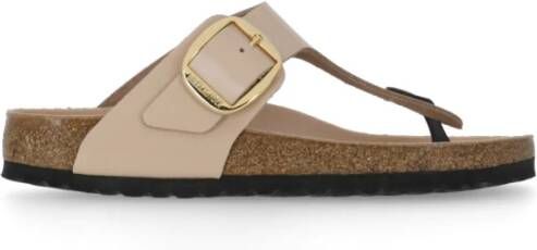 Birkenstock Beige Leren Platte Sandalen met Gesp Beige Dames