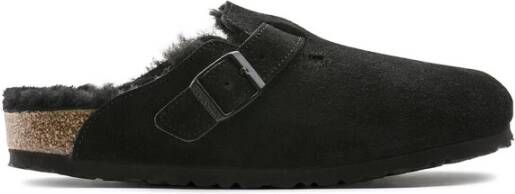 Birkenstock Boston Black narrow Shearling Veloursleder Suede Dames Pantoffels Zwart