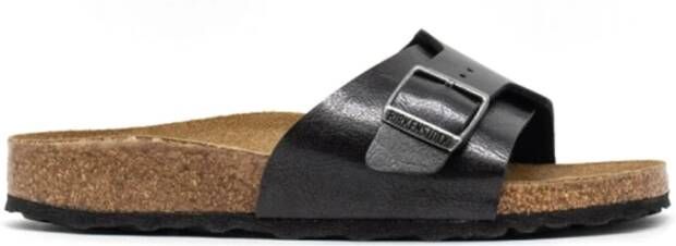 Birkenstock Satin Finish Sandal with Metal Buckle Black Dames