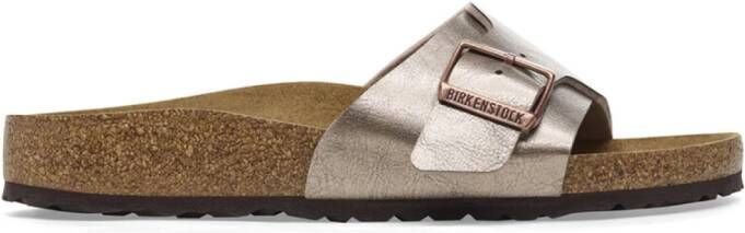 Birkenstock Satin Finish Sandal with Metal Buckle Gray Dames