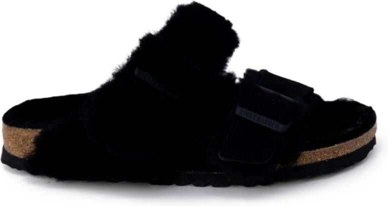 Birkenstock Zwarte Lamb Fur Sleepers met Logoed Gespen Black Dames