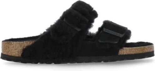 Birkenstock Zwarte Lamb Fur Sleepers met Logoed Gespen Black Dames