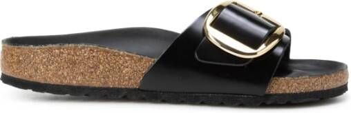 Birkenstock Zwarte platte schoenen met Madrid Big Buckle Black Dames