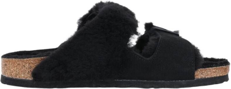 Birkenstock Zwarte Lamb Fur Sleepers met Logoed Gespen Black Dames