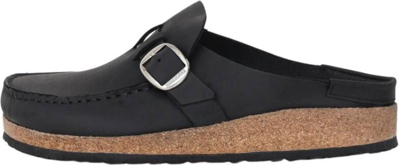 Birkenstock Zwarte suède mocassin stijl sandaal met grote gesp Black Dames