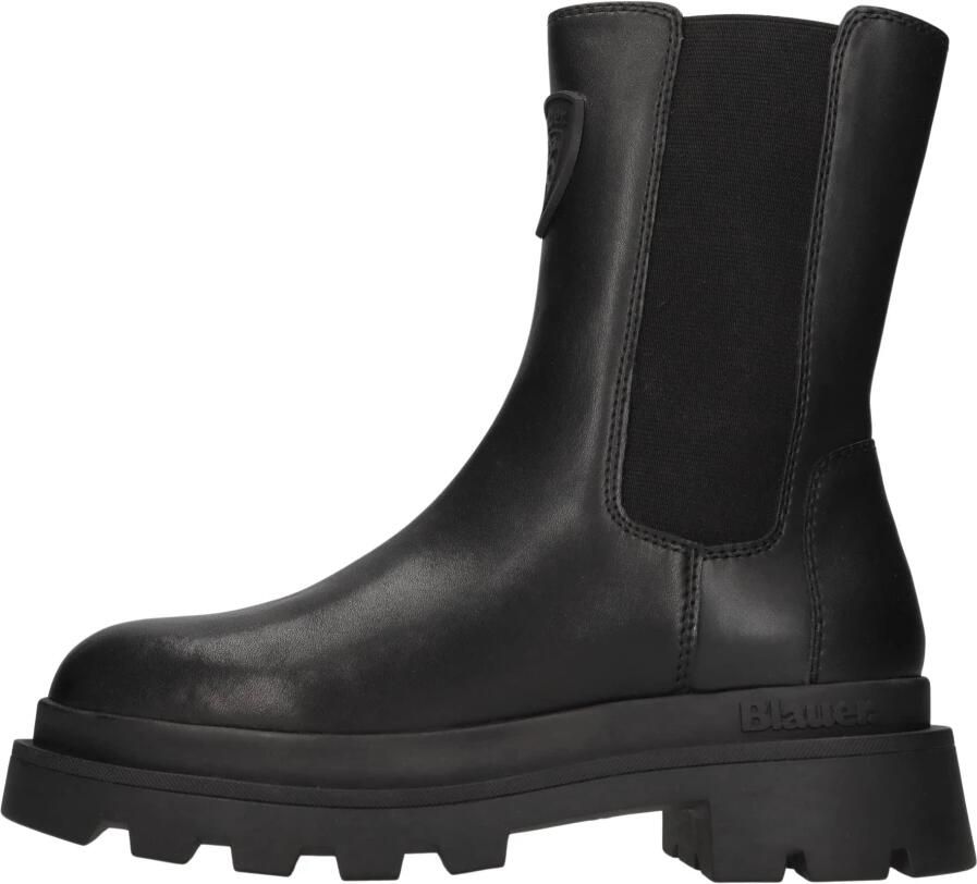 Blauer Zwarte leren enkellaars met iconisch schild Black Dames