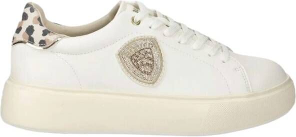 Blauer Luipaardprint Witte Leren Sneakers White Dames