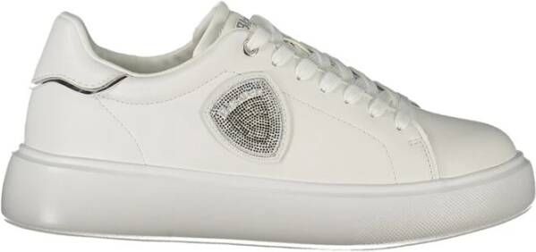 Blauer Witte Leren Dames Sneaker met Rhinestone Accents