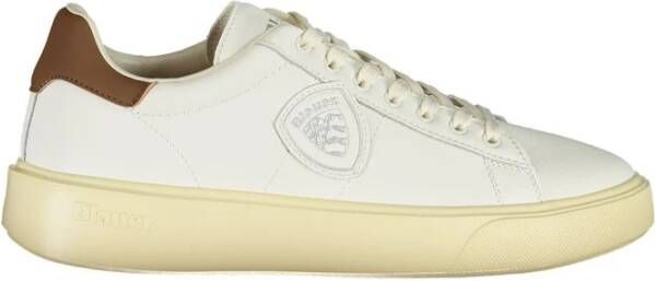 Blauer Witte Leren Sportsneaker met Bruine Accenten