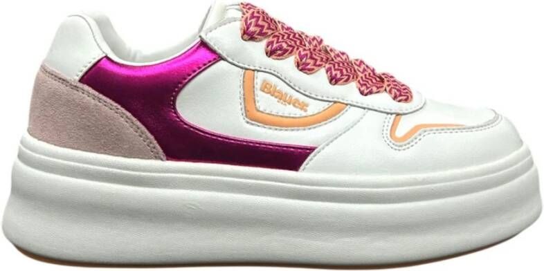 Blauer Witte Sneakers met Fuchsia en Roze Details