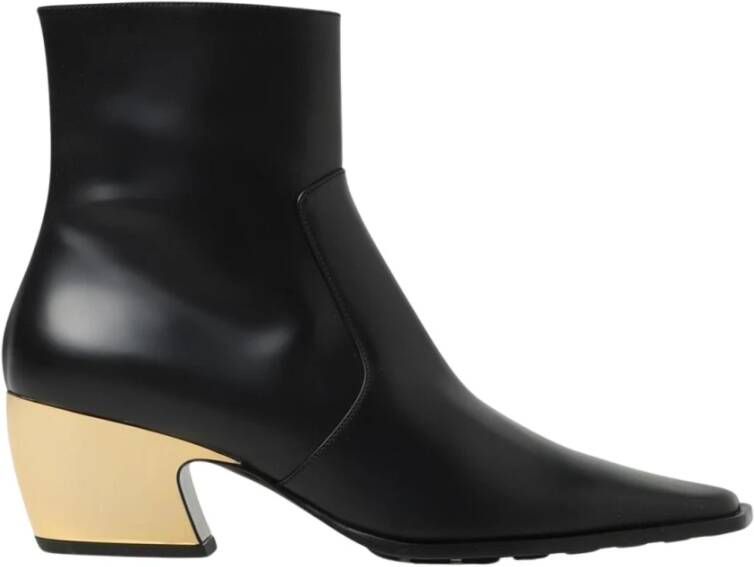 Bottega Veneta Zwarte Leren Enkellaarzen Gouden Hak