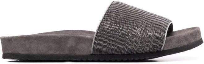 BRUNELLO CUCINELLI Beige Suède Slide Sandalen met Monile Detail Beige Dames