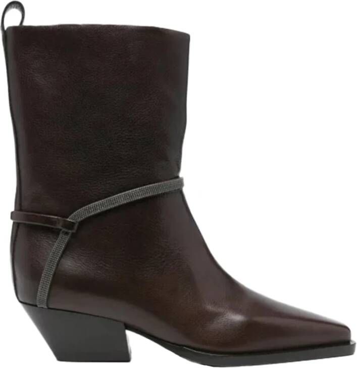 Brunello Cucinelli Bruin Leren Enkellaarzen met Blokhak