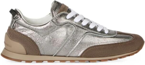 Brunello Cucinelli Lamé Kalfsleer en Suède Sneakers