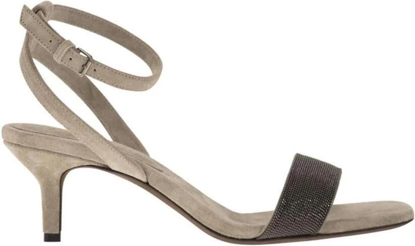 Brunello Cucinelli Suede Kitten Heel Ankle Strap Sandals