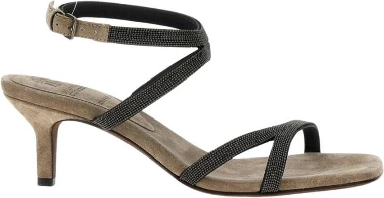Brunello Cucinelli Grijze Beaded Kitten Heel Sandalen