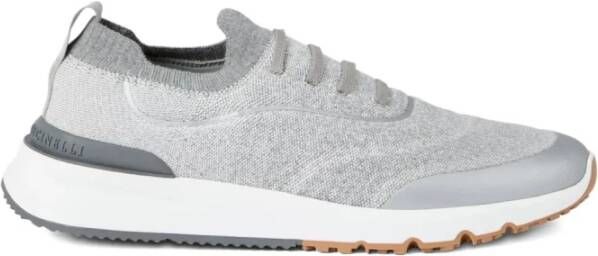 Brunello Cucinelli Grijze Gebreide Sneakers met Leren Rand