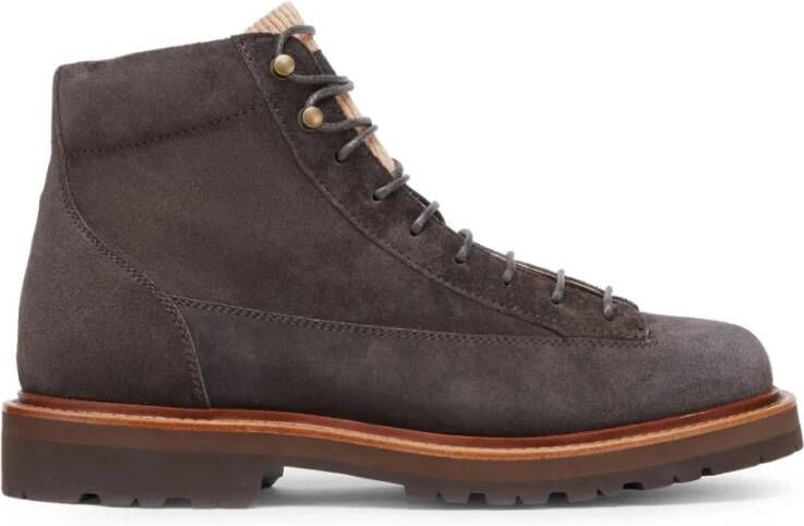 Brunello Cucinelli Grijze Suède Enkellaarsjes Vetersluiting Corduroy