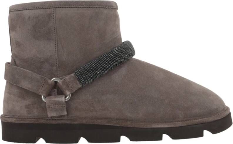 BRUNELLO CUCINELLI Grijze Suède Shearling Laarzen met Geborduurde Band Gray Dames