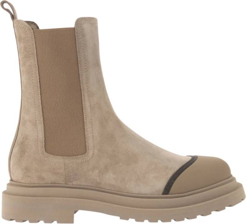 BRUNELLO CUCINELLI Suede Chelsea Boot met Precious Detail Beige Dames