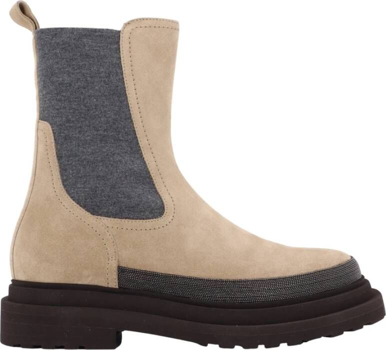 BRUNELLO CUCINELLI Suede Enkellaarzen met Precious Contour Beige Dames
