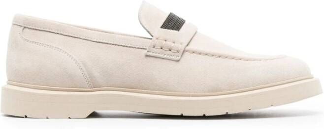 Brunello Cucinelli Witte Leren Suède Instappers Slip-On Schoenen