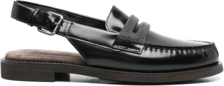 Brunello Cucinelli Zwarte leren slingback loafers met kettingdetail